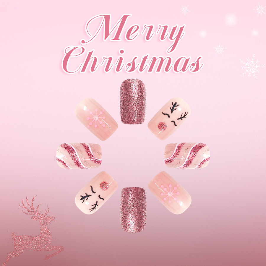 Festive Glamour Medium Square Pink Shimmer with Winter-themed Designs Press-On Nail Set