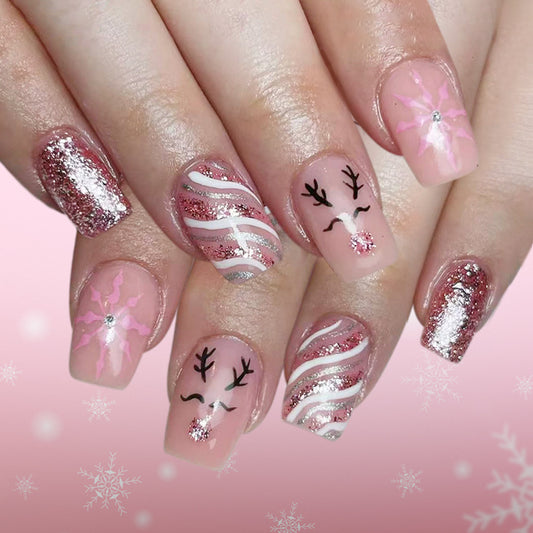 Winter Wonderland Glamour Medium Square Pink with Glitter and Whimsical Reindeer Art Press-On Nail Set