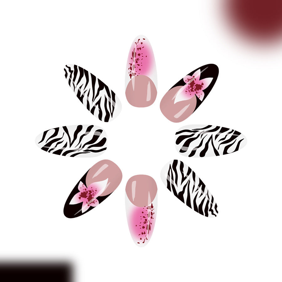 Wild Safari Inspired Glamorous Long Almond Pink and Black Zebra Print Press on Nail Set with Floral Accent
