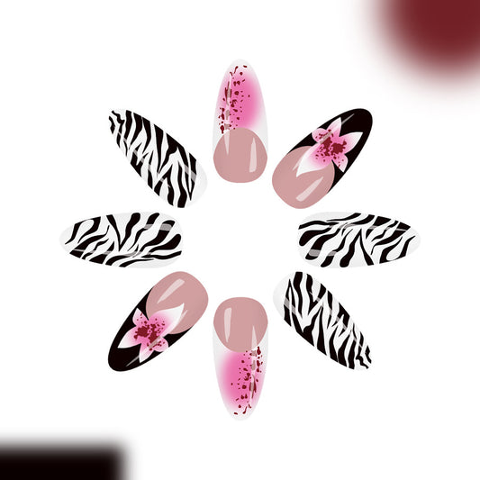 Wild Safari Inspired Glamorous Long Almond Pink and Black Zebra Print Press on Nail Set with Floral Accent