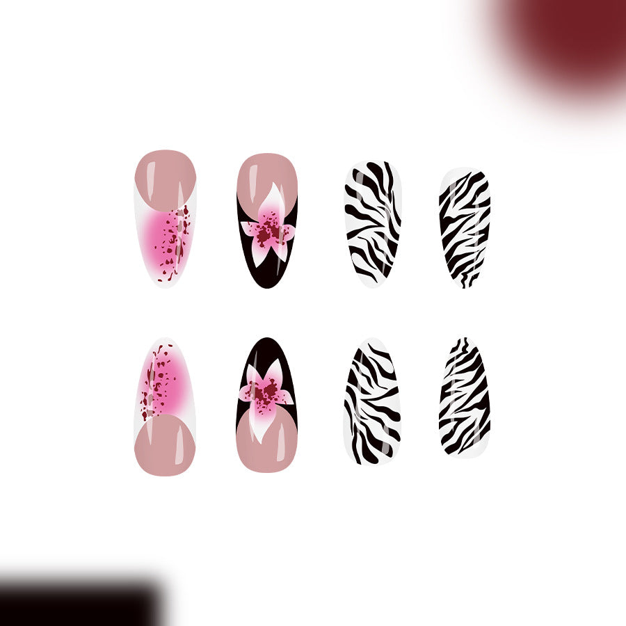 Exotic Blooming Elegance Long Almond Pink and Black Floral with Zebra Print Nail Set