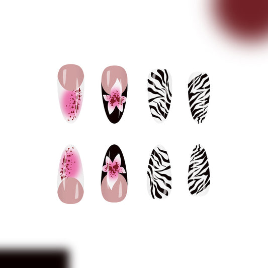 Exotic Blooming Elegance Long Almond Pink and Black Floral with Zebra Print Nail Set