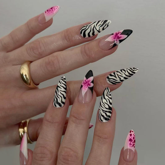 Wild Jungle Glamour Long Almond Pink and Black Zebra Print with Floral Accents Press On Nail Set