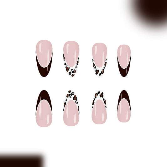 Savannah Chic Long Almond Shaped Pink and Brown Color Block with Leopard Accent Press On Nail Set