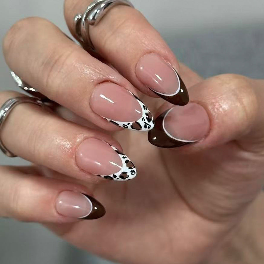 Wild Safari Elegance Long Almond Brown and White Leopard Print Accent Press On Nail Set