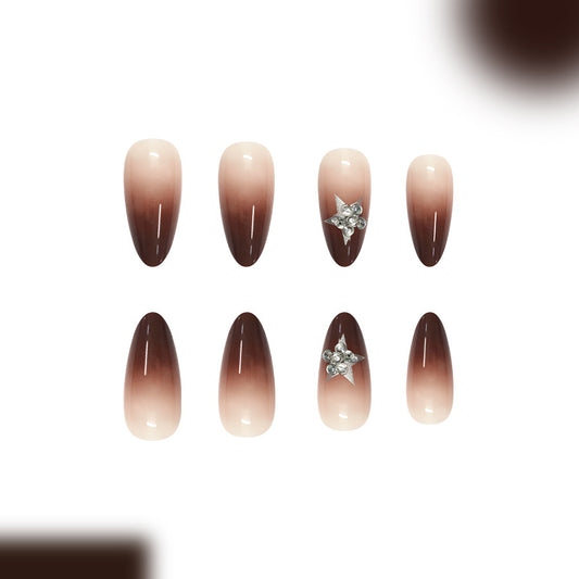 Glamorous Cocoa Dream Long Almond Ombre Brown with Elegant Rhinestone Accents Press On Nail Set
