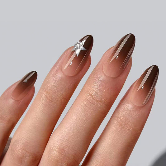 Glamorous Twilight Long Almond Brown Ombre Press On Nail Set with Elegant Gem Accent