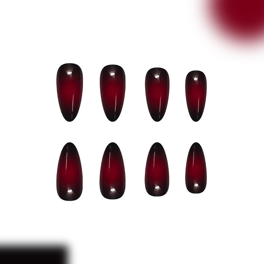 Mystical Allure Long Almond Dark Red Ombre Press On Nail Set with High Gloss Finish