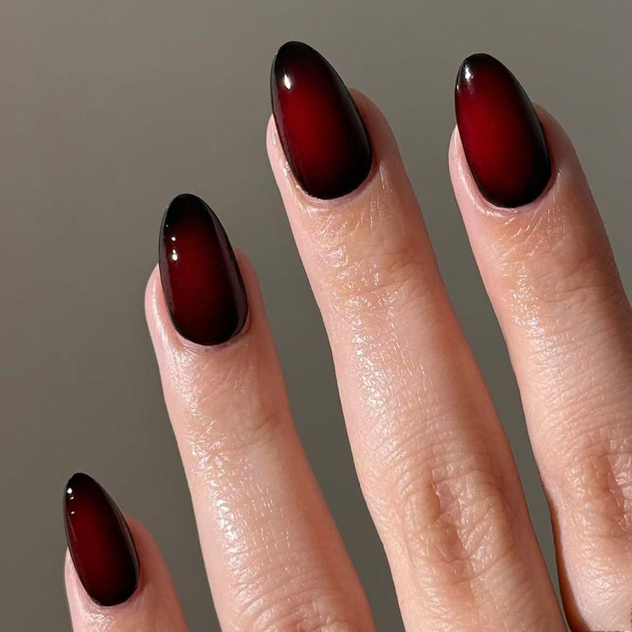 Enchanting Glamour Long Almond Shaped Deep Red Gradient Press On Nail Set
