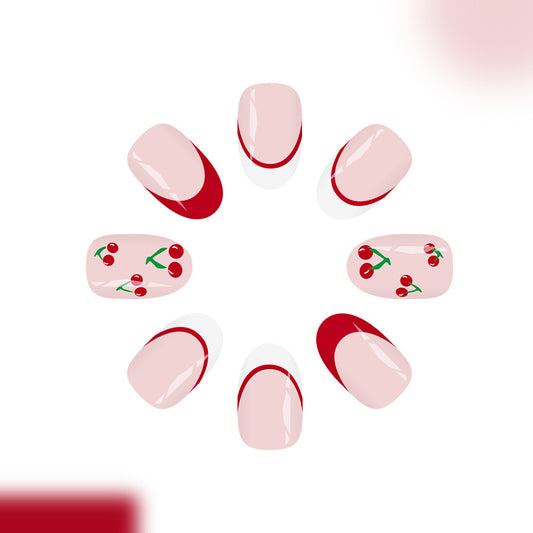 Cherry Blossom Dream Short Oval Pink and Red with Charming Cherry Design Press On Nail Set