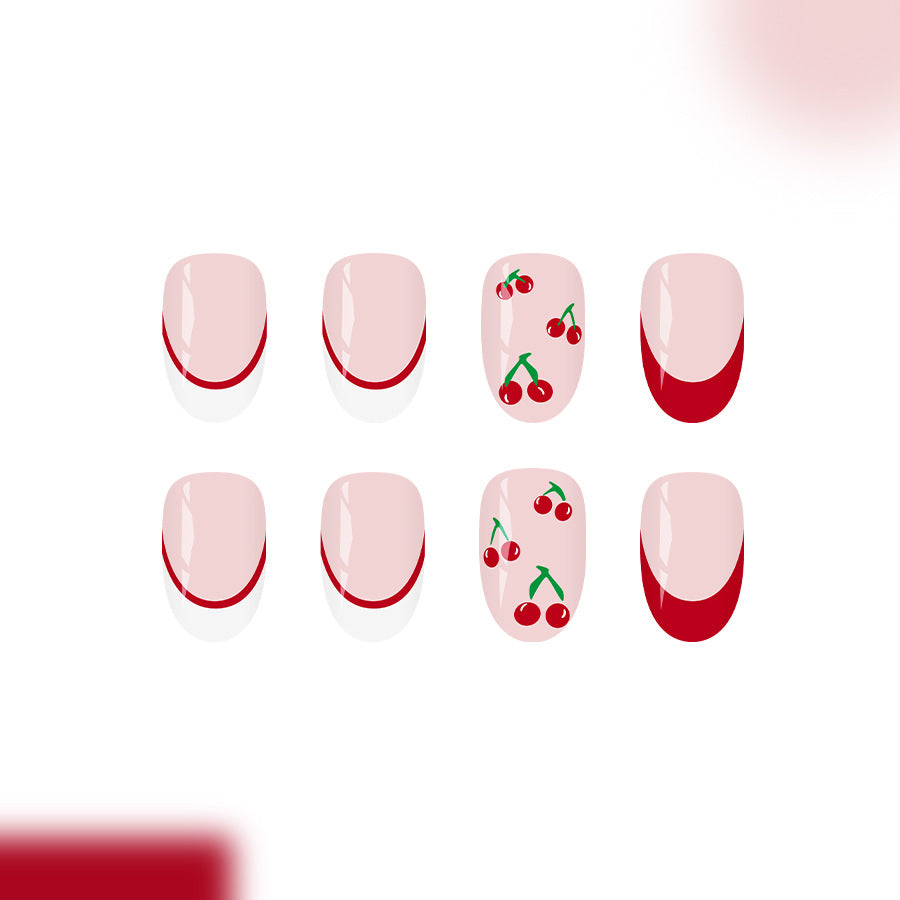 Cherry Blossom Delight Short Oval Pink with Red Tips and Charming Cherry Design Press-On Nail Set