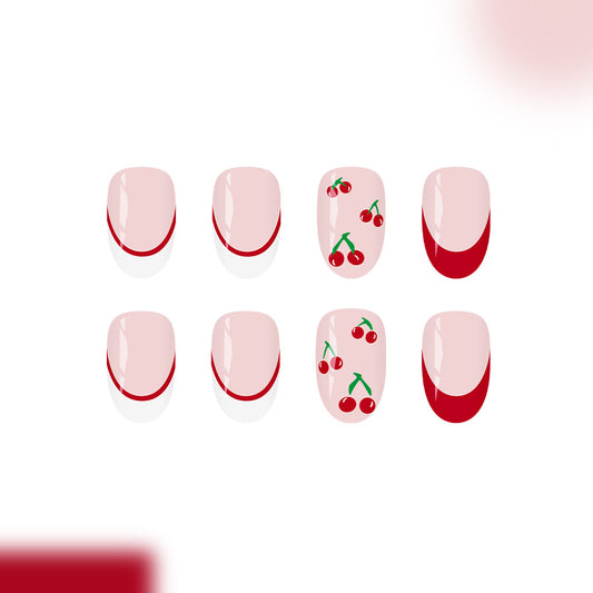 Cherry Blossom Delight Short Oval Pink with Red Tips and Charming Cherry Design Press-On Nail Set