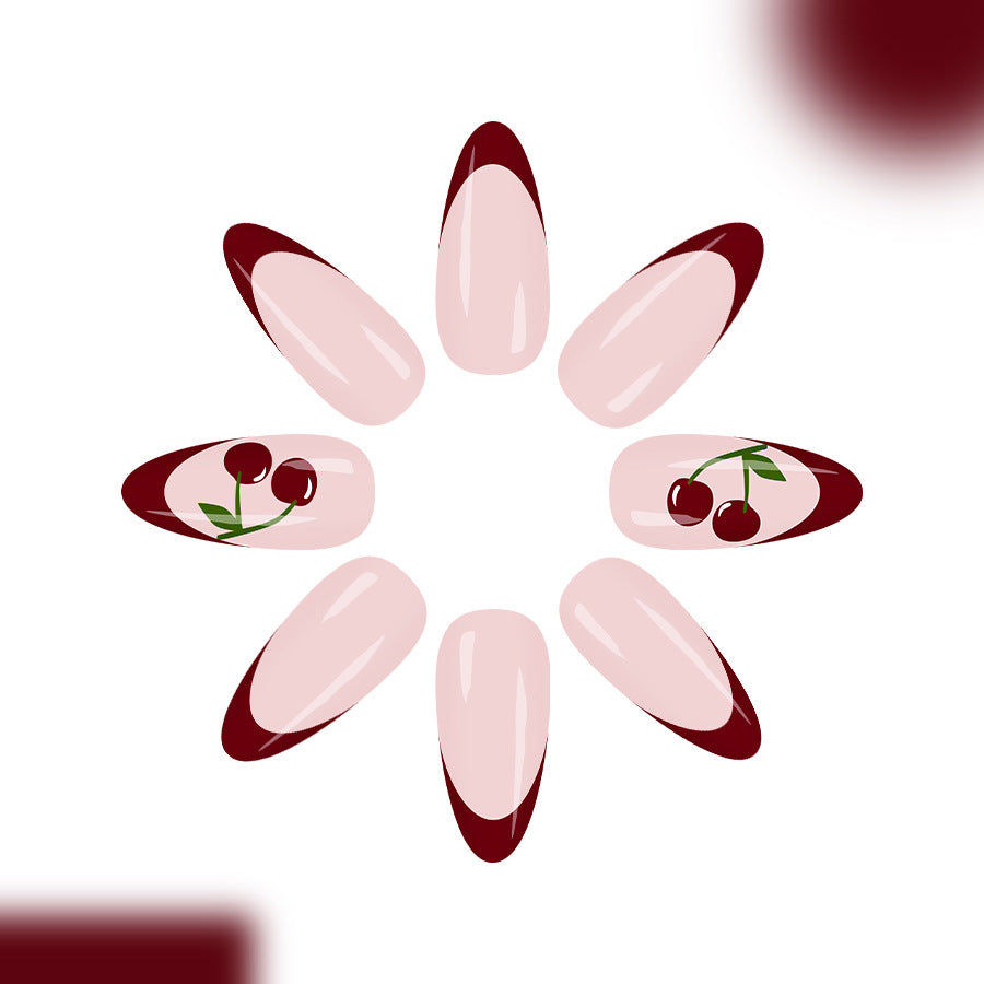 Cherry Blossom Romance Long Almond Pink with Burgundy Tips and Charming Cherry Blossom Accent Press-On Nail Set