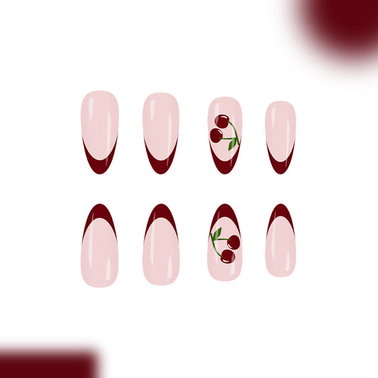 Cherry Blossom Elegance Long Almond Beige and Burgundy Press On Nail Set with Charming Fruit Design