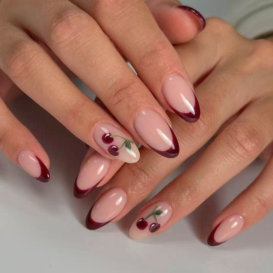 Cherry Blossom Dream Long Almond Shaped Beige and Burgundy Press On Nail Set with Beautiful Cherry Design