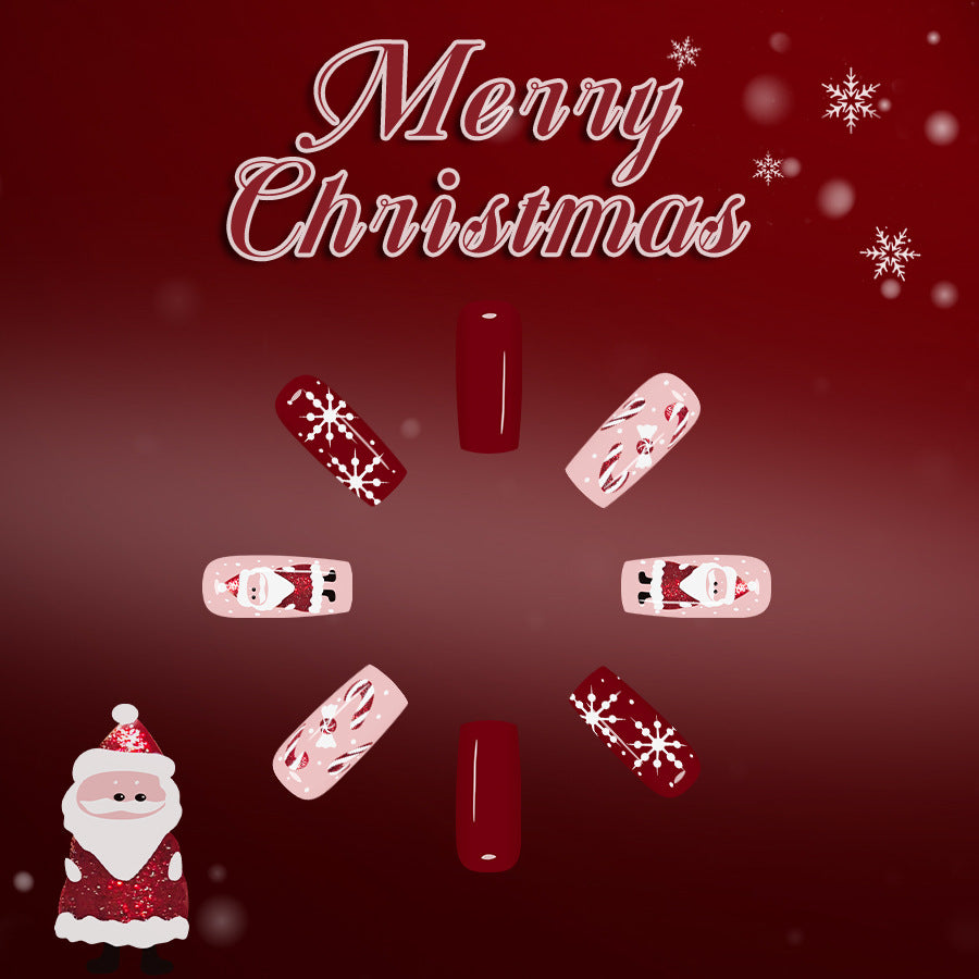 Festive Holiday Long Square Red and Pink Nail Set with Charming Santa and Snowflake Designs