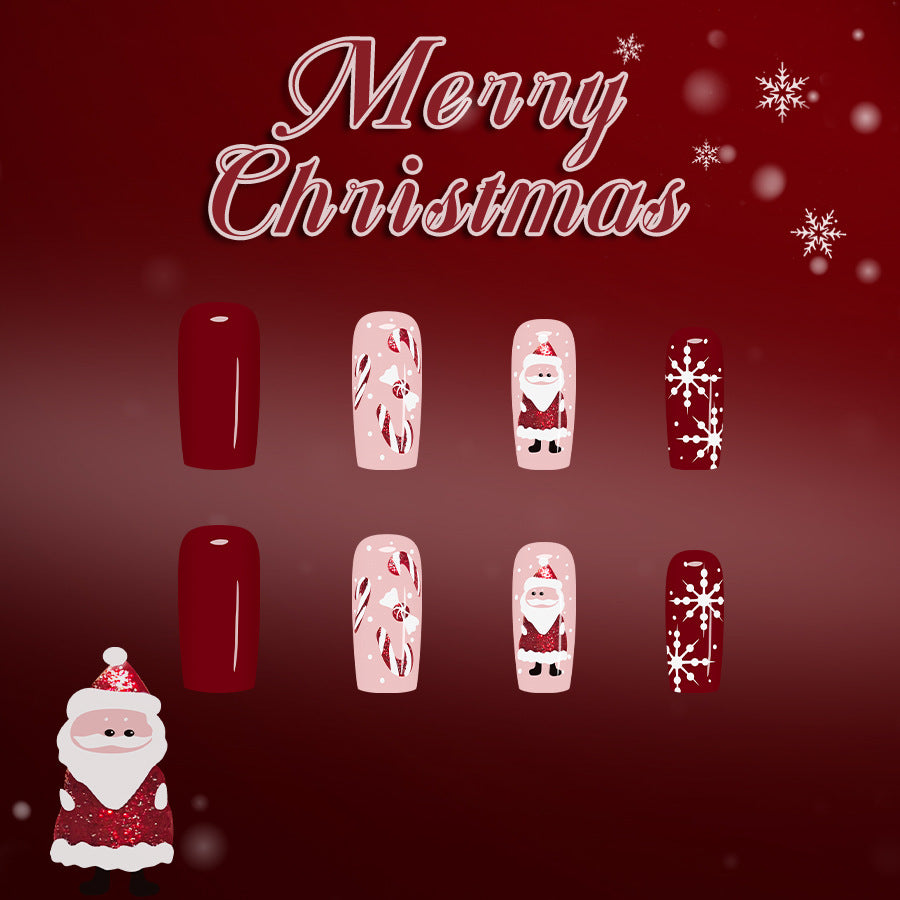 Festive Cheer Long Square Burgundy and Soft Pink Nail Set with Charming Holiday Designs