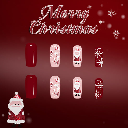 Festive Cheer Long Square Burgundy and Soft Pink Nail Set with Charming Holiday Designs