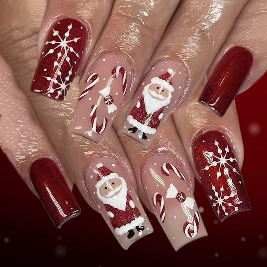 Festive Winter Wonderland Long Square Ruby Red Nail Set with Playful Santa and Candy Cane Designs