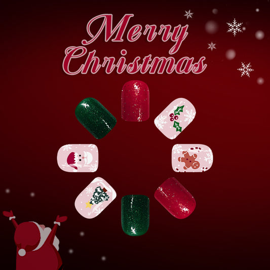Festive Glamour Short Square Glitter Green and Red Press On Nail Set with Holiday Themed Designs
