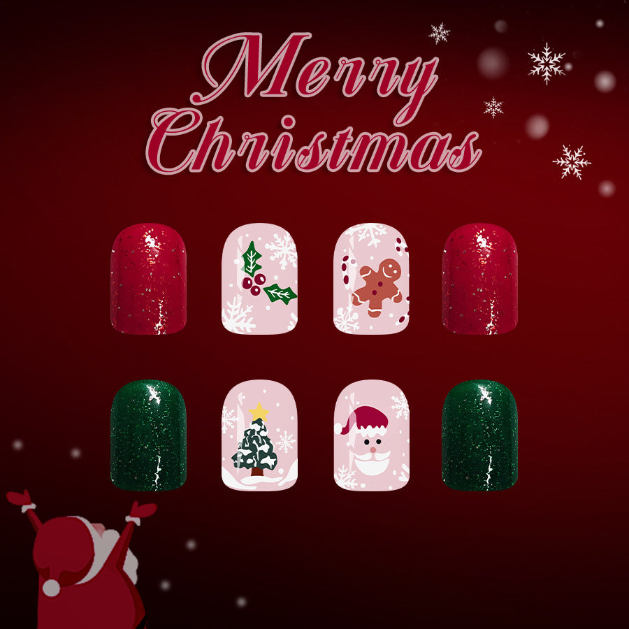 Festive Cheer Sparkling Short Square Red and Green with Holiday Themed Designs Press on Nail Set