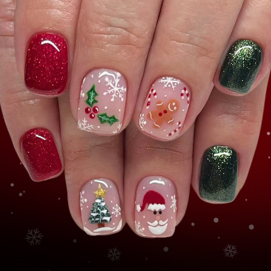 Festive Charm Short Square Red and Green Glittery Christmas Nail Set with Whimsical Holiday Designs
