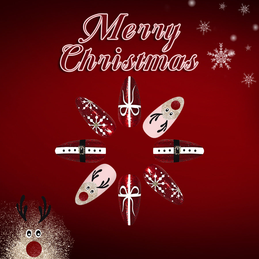 Festive Holiday Inspired Long Almond Red with Glittering Christmas Character Press-On Nail Set