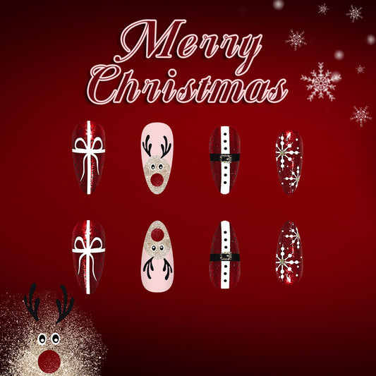 Festive Christmas Glam Long Almond Red and Pink with Glittery Reindeer and Holiday Designs Press On Nail Set