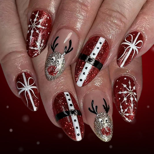Festive Joy Long Almond Red Glittery Sparkle Press On Nail Set