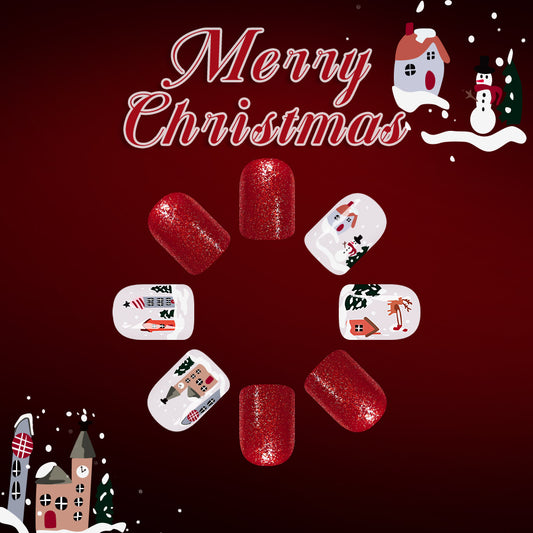 Festive Glow Red Short Square Length with Sparkling Glitter and Whimsical Holiday Designs Press-On Nail Set
