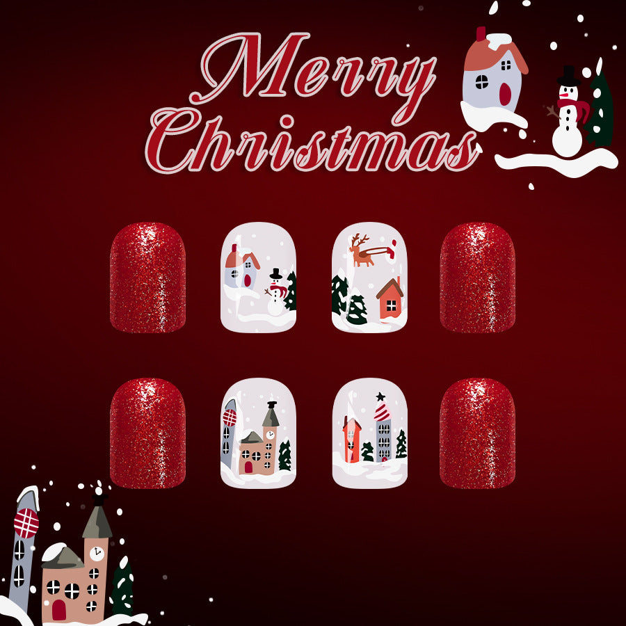 Festive Winter Wonderland Glittery Short Square Shaped Red Nail Set with Charming Holiday Designs