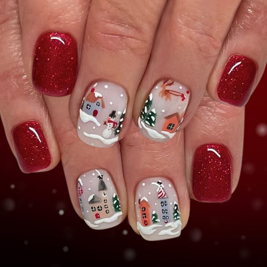 Winter Wonderland Glossy Short Square Red and White Nail Set with Snowy Village Design