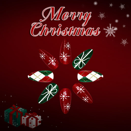 Festive Holiday Collection Long Almond Red Green with Glitter Snowflakes and Stylish Ribbons Press on Nail Set