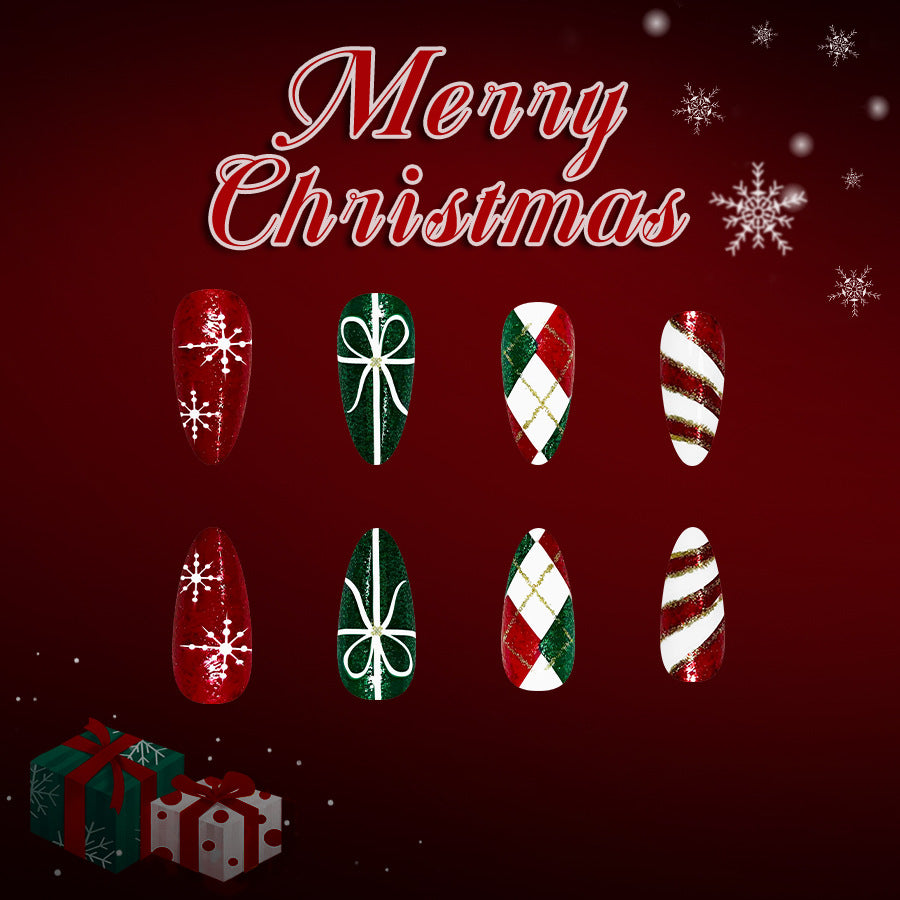 Festive Glamorous Press On Nail Set Long Almond Red Green White Glittery Holiday Designs