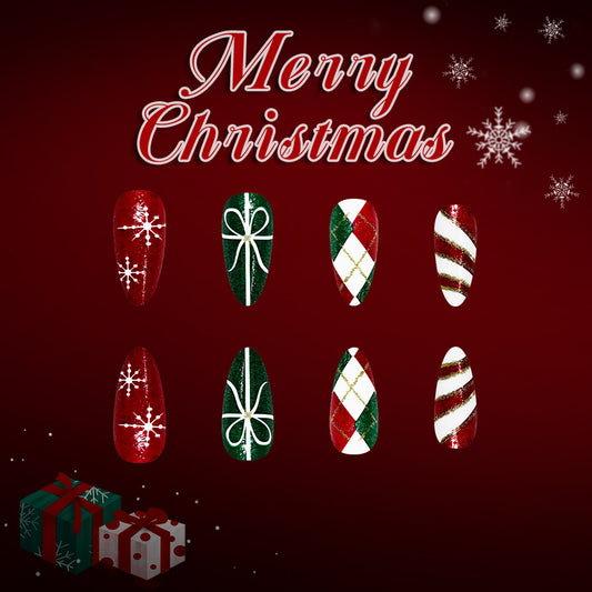 Festive Glamorous Press On Nail Set Long Almond Red Green White Glittery Holiday Designs
