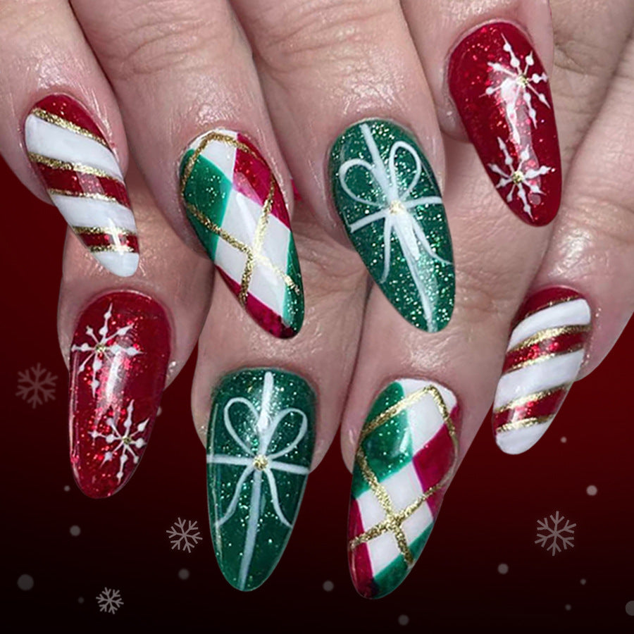 Festive Holiday Long Almond Glittering Green and Red Nail Set with Exquisite Gift Motif