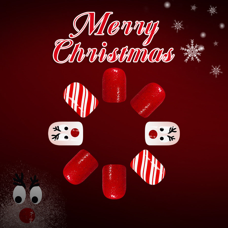 Festive Wonderland Glossy Red Short Square Nail Set with Candy Stripe Design and Whimsical Reindeer Accents