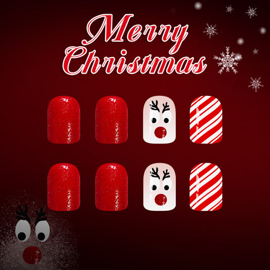 Festive Joy Short Square Red Glitter with Christmas Reindeer and Candy Cane Design Press On Nail Set