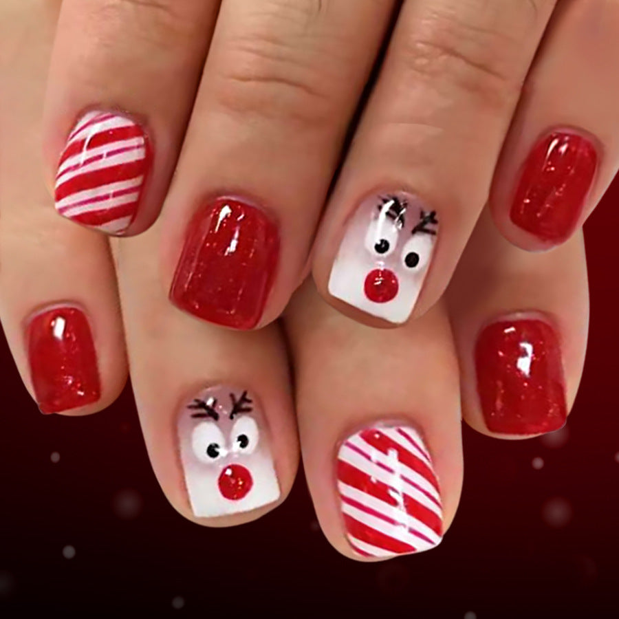 Festive Glamour Short Square Red and White Nail Set with Playful Reindeer Design