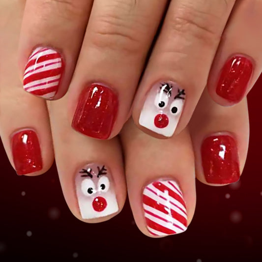 Festive Glamour Short Square Red and White Nail Set with Playful Reindeer Design