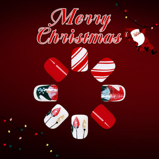 Festive Spirit Short Square Red and White Christmas Themed Press On Nail Set with Glittery Accent Design