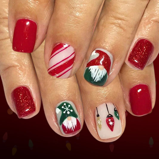 Festive Holiday Short Square Red and Green Press On Nail Set with Unique Christmas Character Designs
