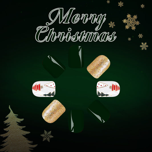 Festive Winter Wonderland Short Square Dark Green with Glittery Gold and Whimsical Christmas Designs Press-On Nail Set