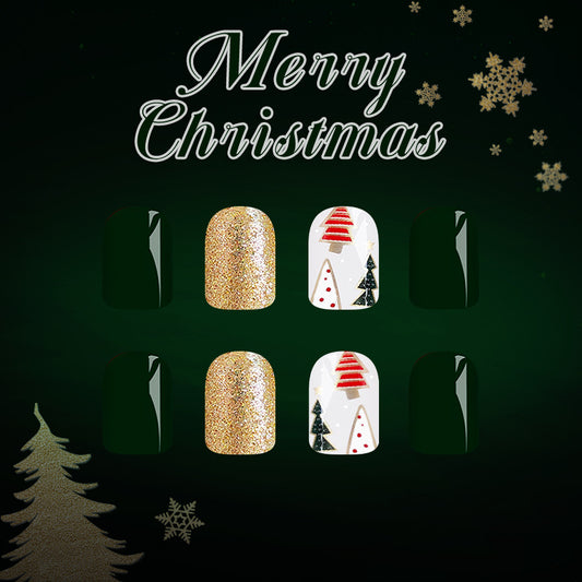 Festive Wonderland Glossy Short Square Green and Gold Nail Set with Holiday Tree Design