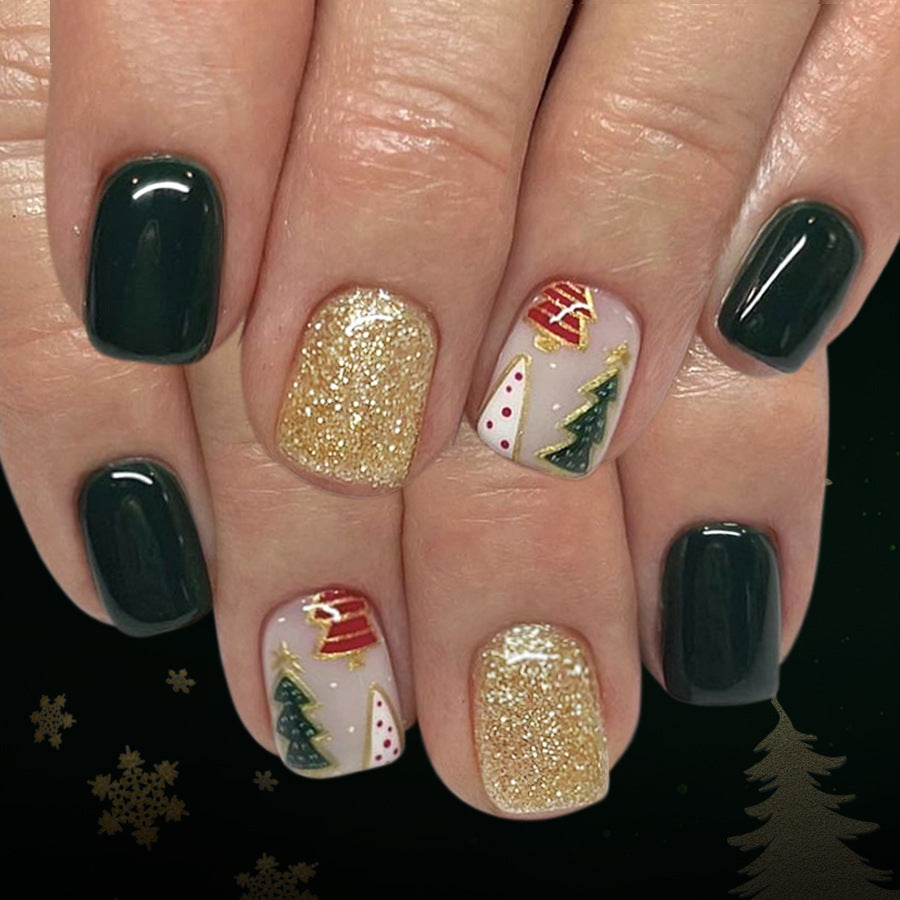 Festive Elegance Short Square Green and Gold with Glittery Holiday Designs Press-On Nail Set