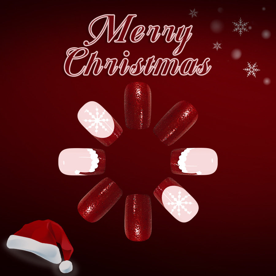 Festive Holiday Red Medium Square Glossy Nails with Snowflake and Santa Design