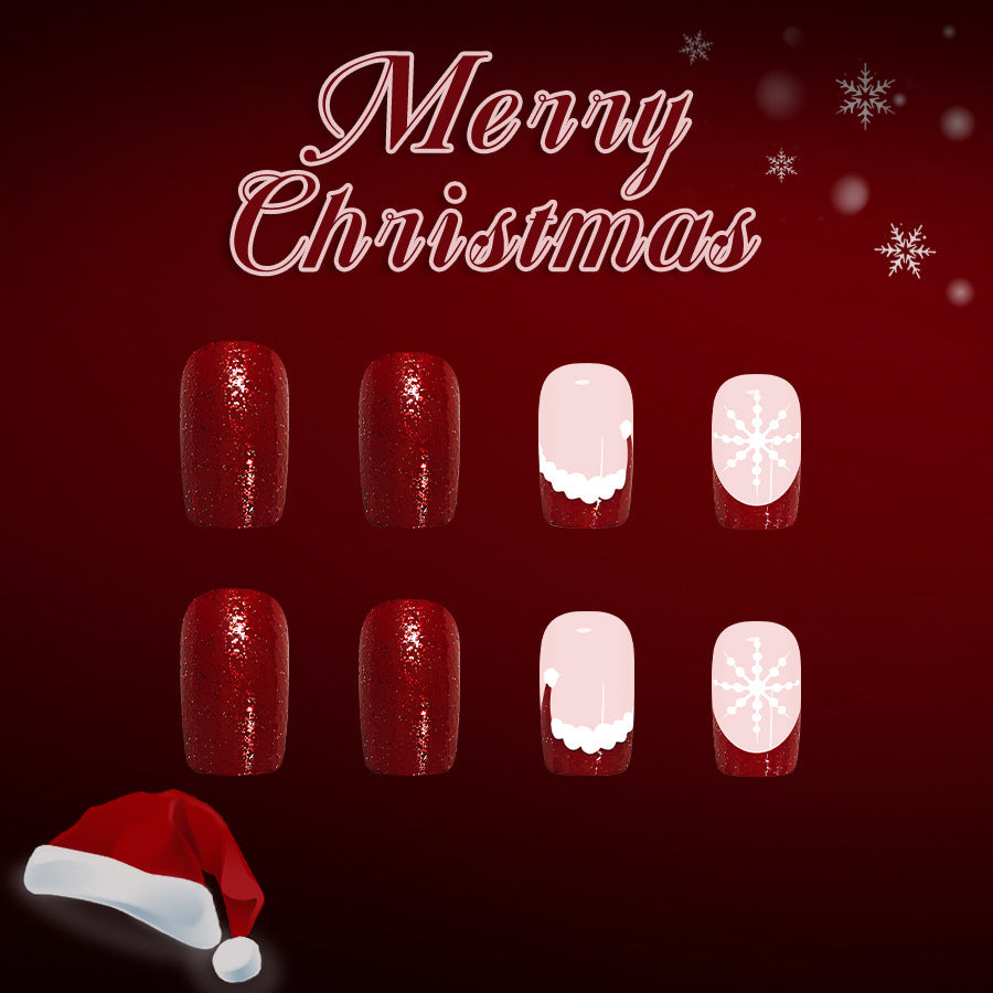 Festive Wonderland Medium Square Glittery Red Nail Set with Christmas Themed Art