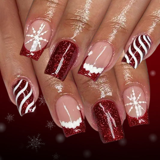 Winter Wonderland Medium Square Red Glitter Press On Nail Set with Festive Snowflake and Striped Design