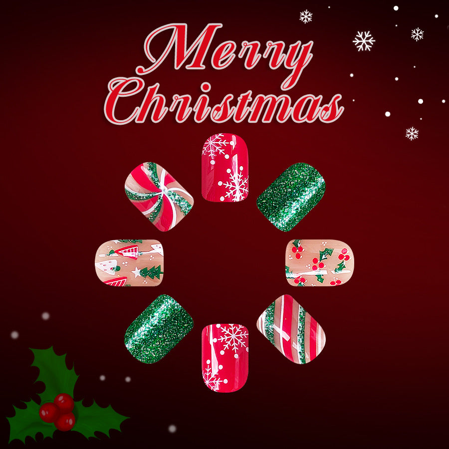 Festive Celebration Short Square Green and Red Glitter Press On Nail Set with Christmas Theme