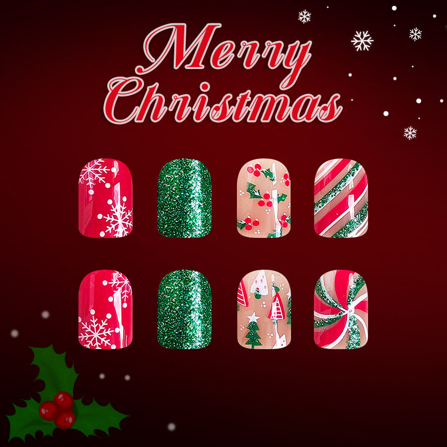 Festive Cheer Short Square Red and Green Glittery Christmas Themed Press On Nail Set